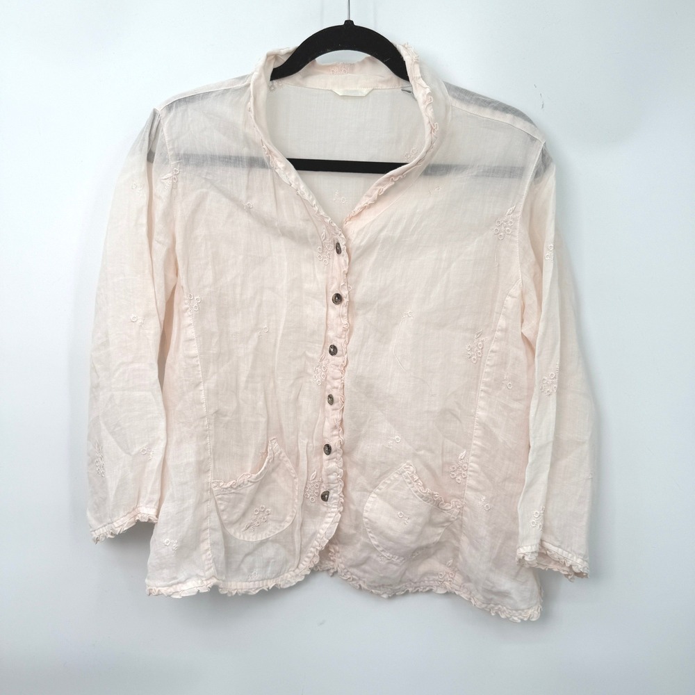 Kleen Ramie‎ Embroidered Button Up Blouse Women M Pink Flowy Resort Boho Coastal